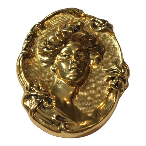 VINTAGE gold tone  Victorian brooch pin with lady face - Picture 1 of 9